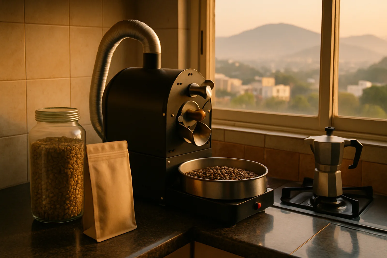 A home coffee roaster on a kitchen counter with Pune outside the window