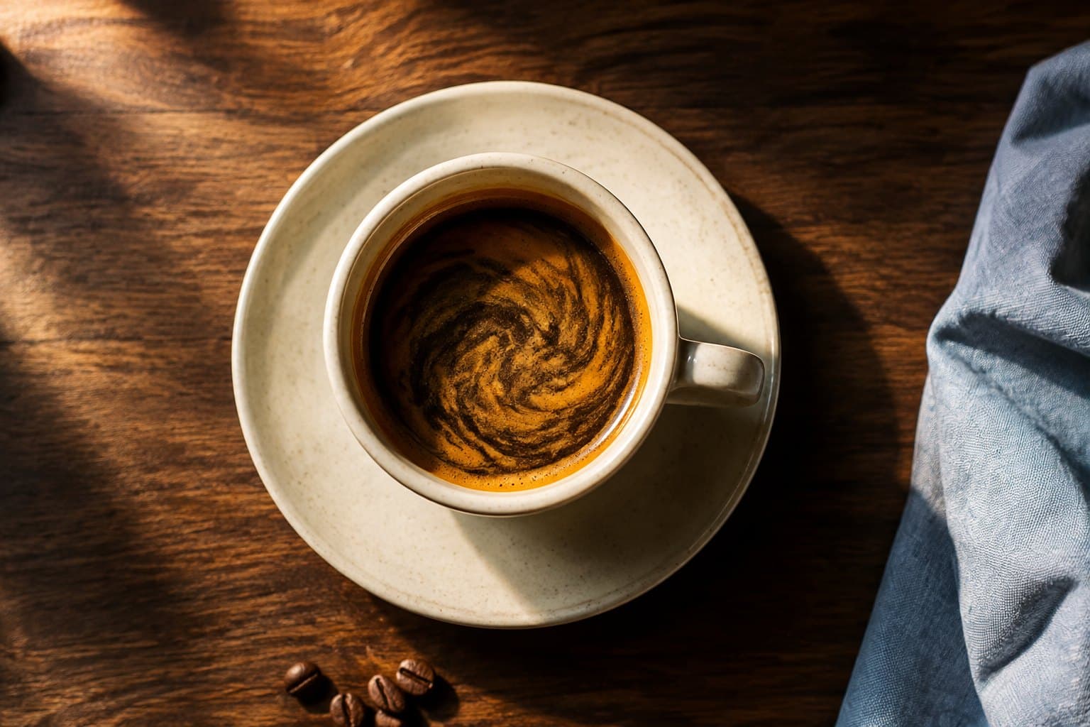 An ivory espresso cup in morning light on a wooden table
