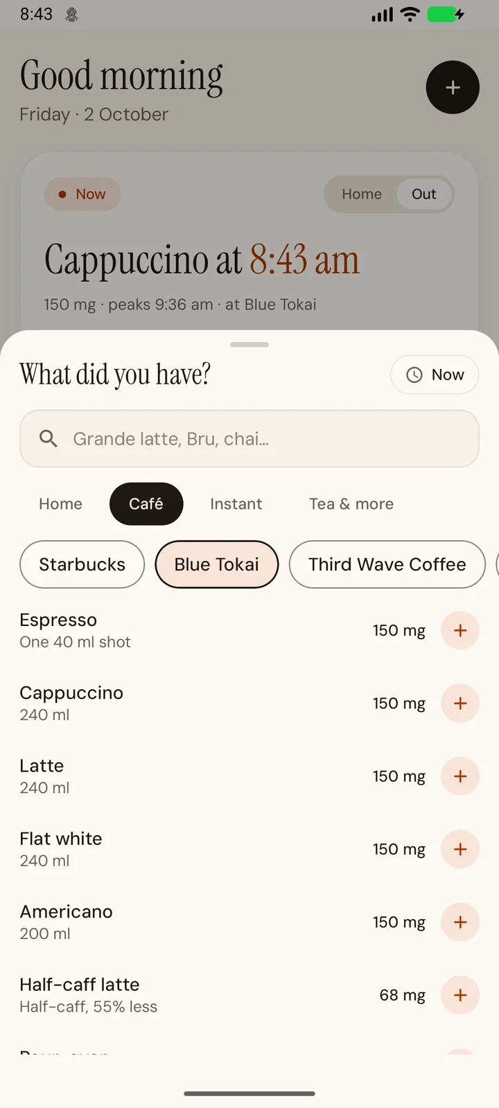 The log sheet with café drinks from Starbucks, Blue Tokai, and Third Wave Coffee and their caffeine