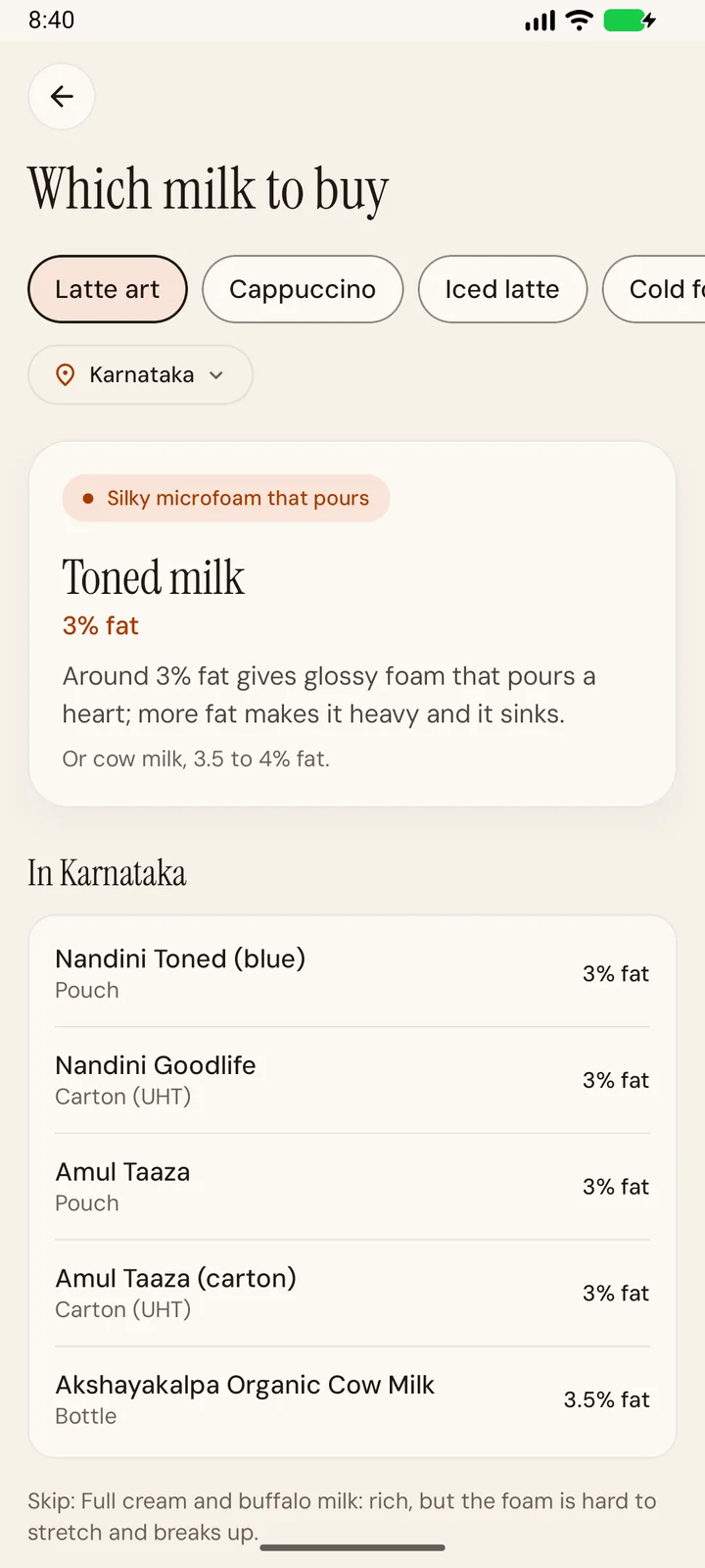 The milk guide recommending toned milk for latte art, with Nandini and Amul packets sold in Karnataka