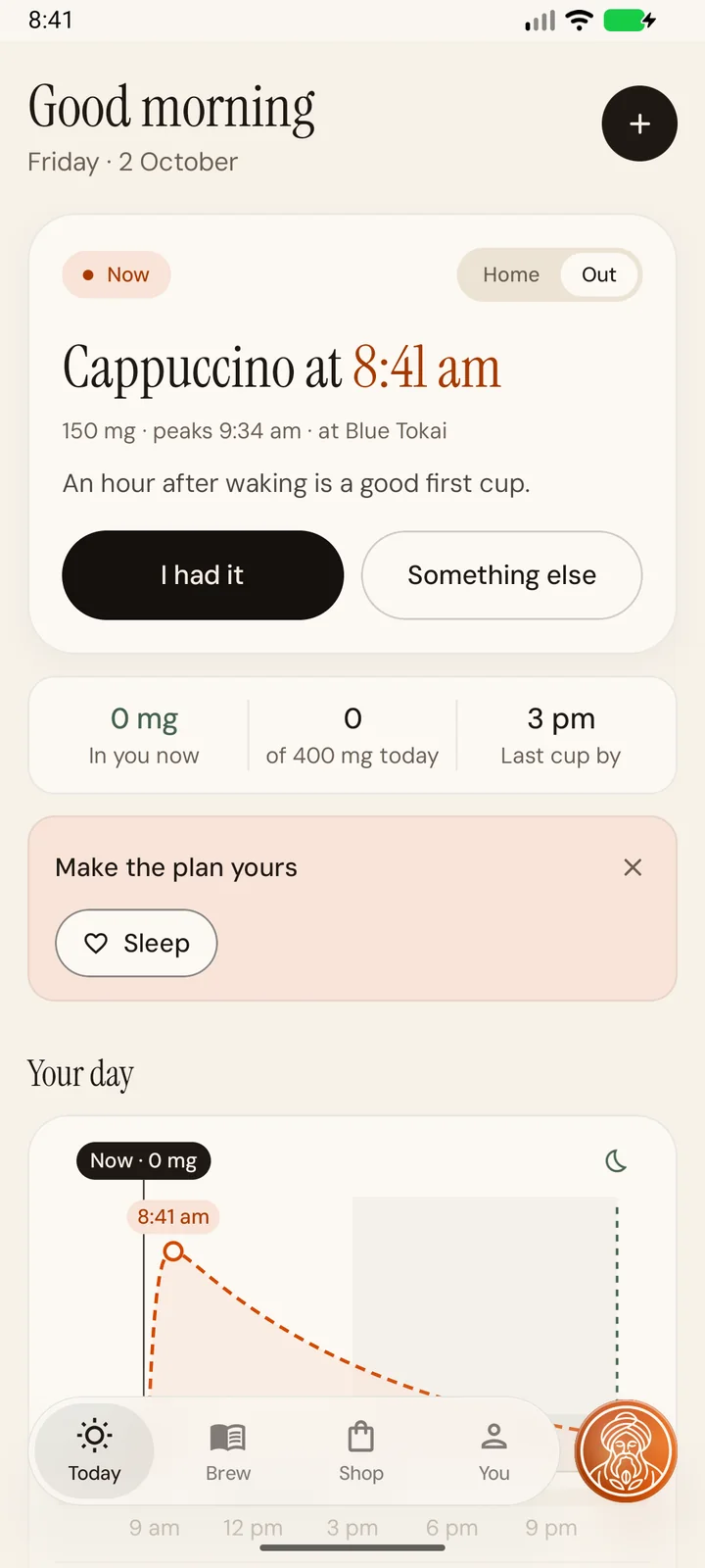 On a day out, the app suggests a cappuccino at Blue Tokai at 8:41 am