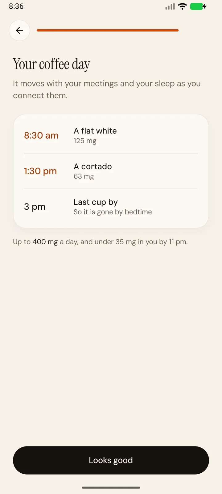 The plan after four questions: a flat white at 8:30 am, a cortado at 1:30 pm, and the last cup by 3 pm