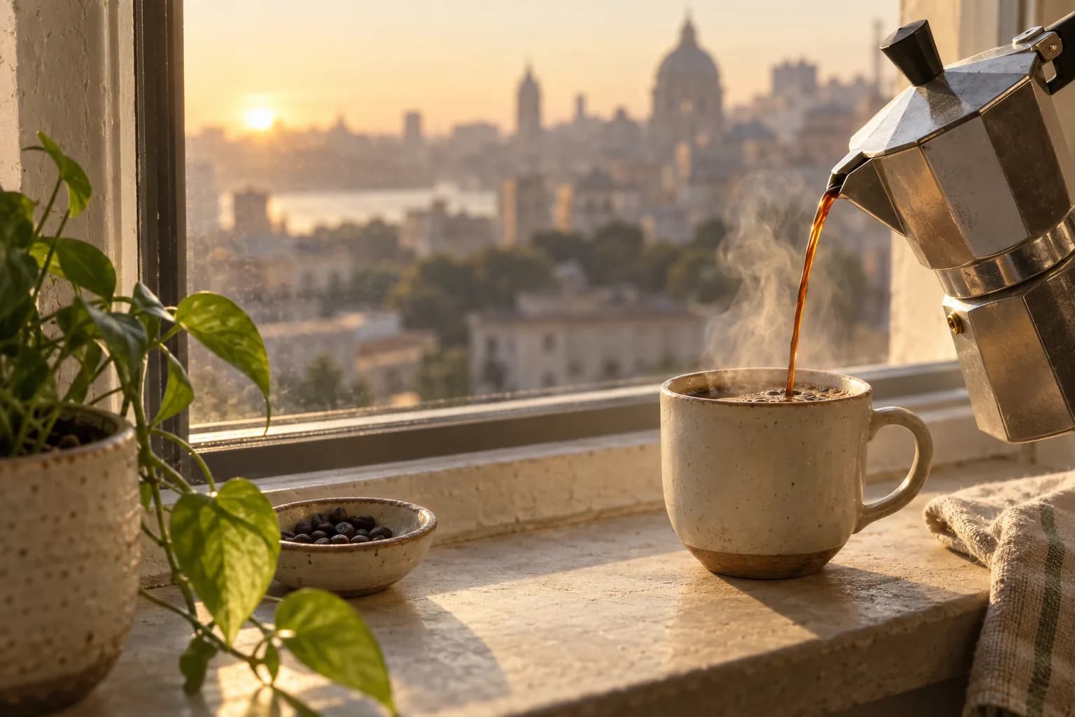 Coffee being poured into a cup by a window in the morning