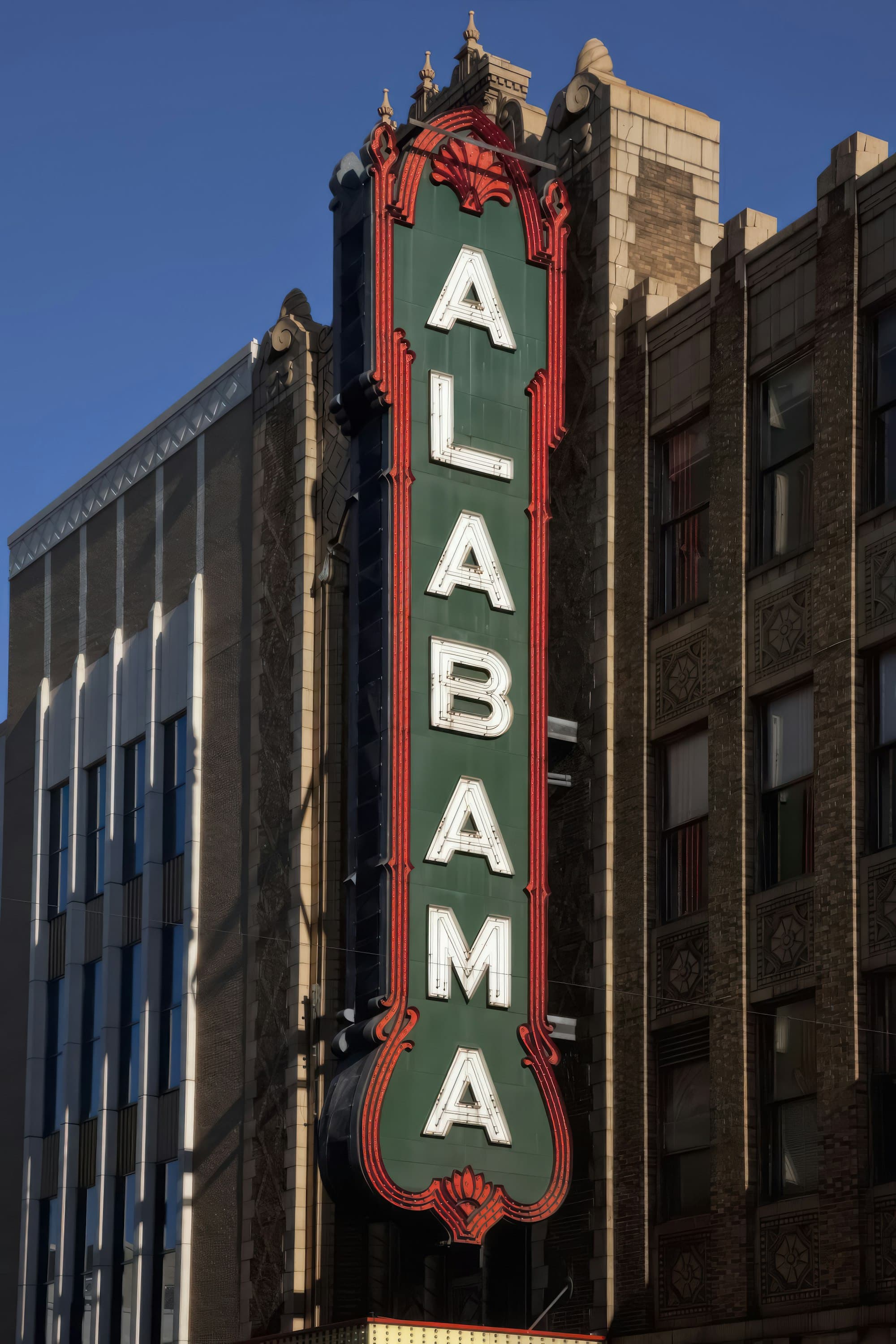 The Alabama Theatre sign in downtown Birmingham, Alabama