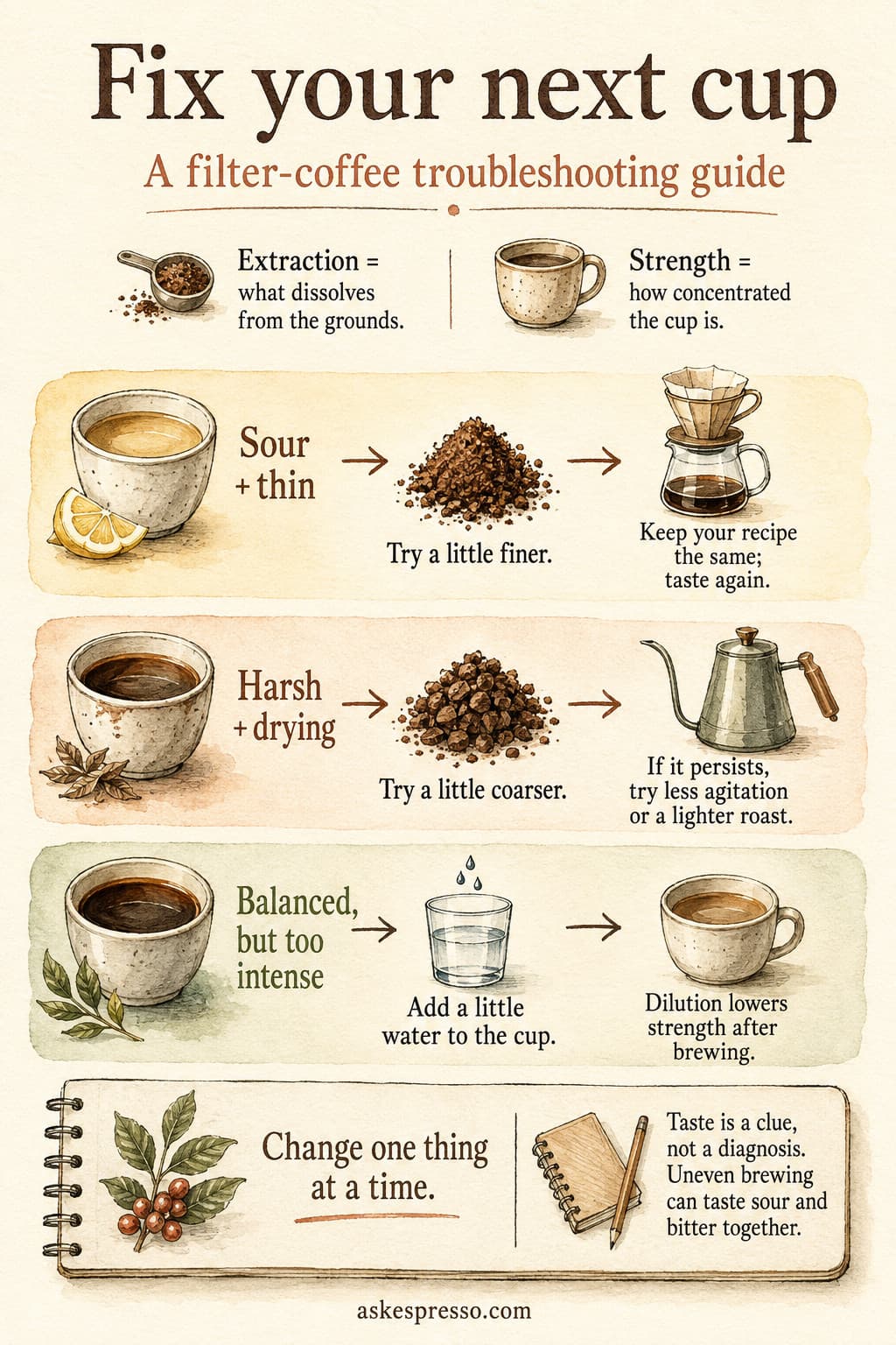 Watercolor troubleshooting chart distinguishing extraction from strength: sour and thin filter coffee suggests trying a finer grind, harsh and drying coffee a coarser grind, and balanced but intense coffee dilution after brewing. Change one variable at a time.