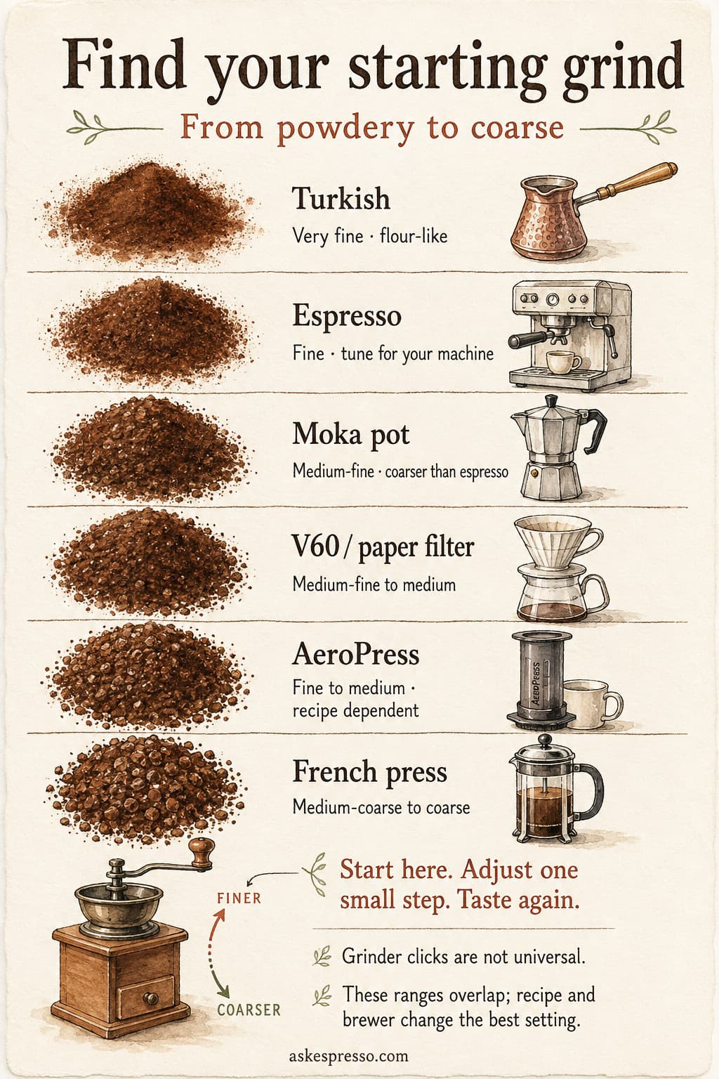 Watercolor starting-grind guide for Turkish coffee, espresso, moka, paper filter, AeroPress and French press. Grind ranges overlap and depend on recipe; grinder clicks are not universal. Taste and adjust in small steps.
