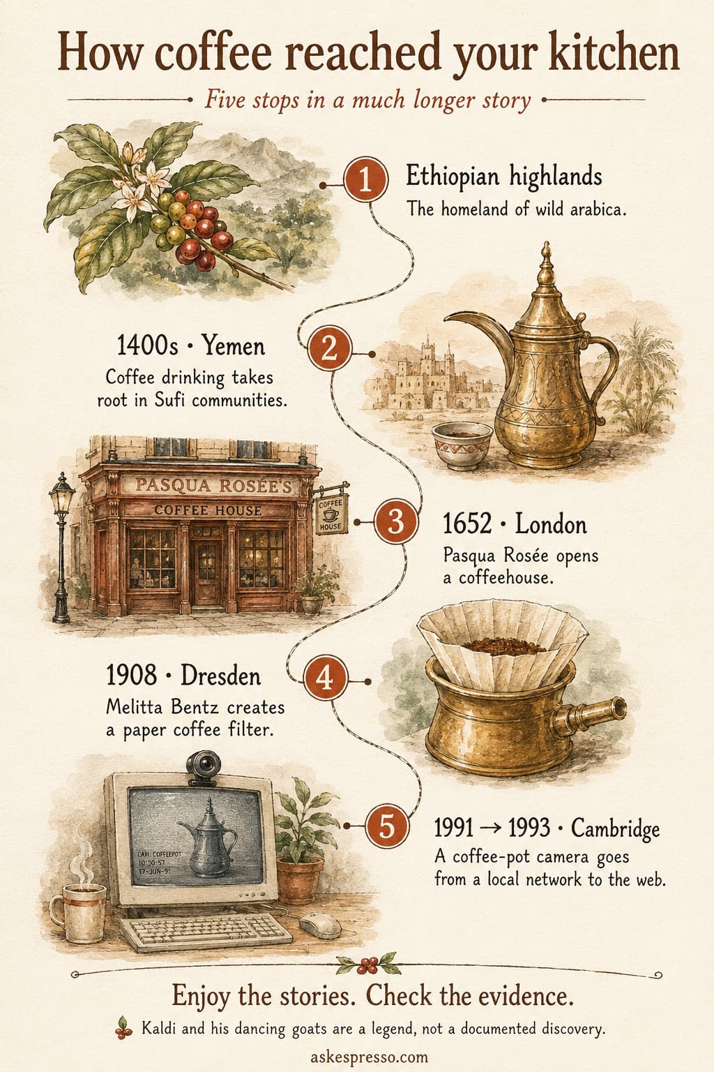 Illustrated selective coffee history timeline: Ethiopian wild arabica, coffee in 1400s Yemen, Pasqua Rosée's London coffeehouse in 1652, Melitta Bentz's paper filter in 1908, and Cambridge's coffee-pot camera in 1991 and on the web in 1993. Kaldi is labelled a legend.