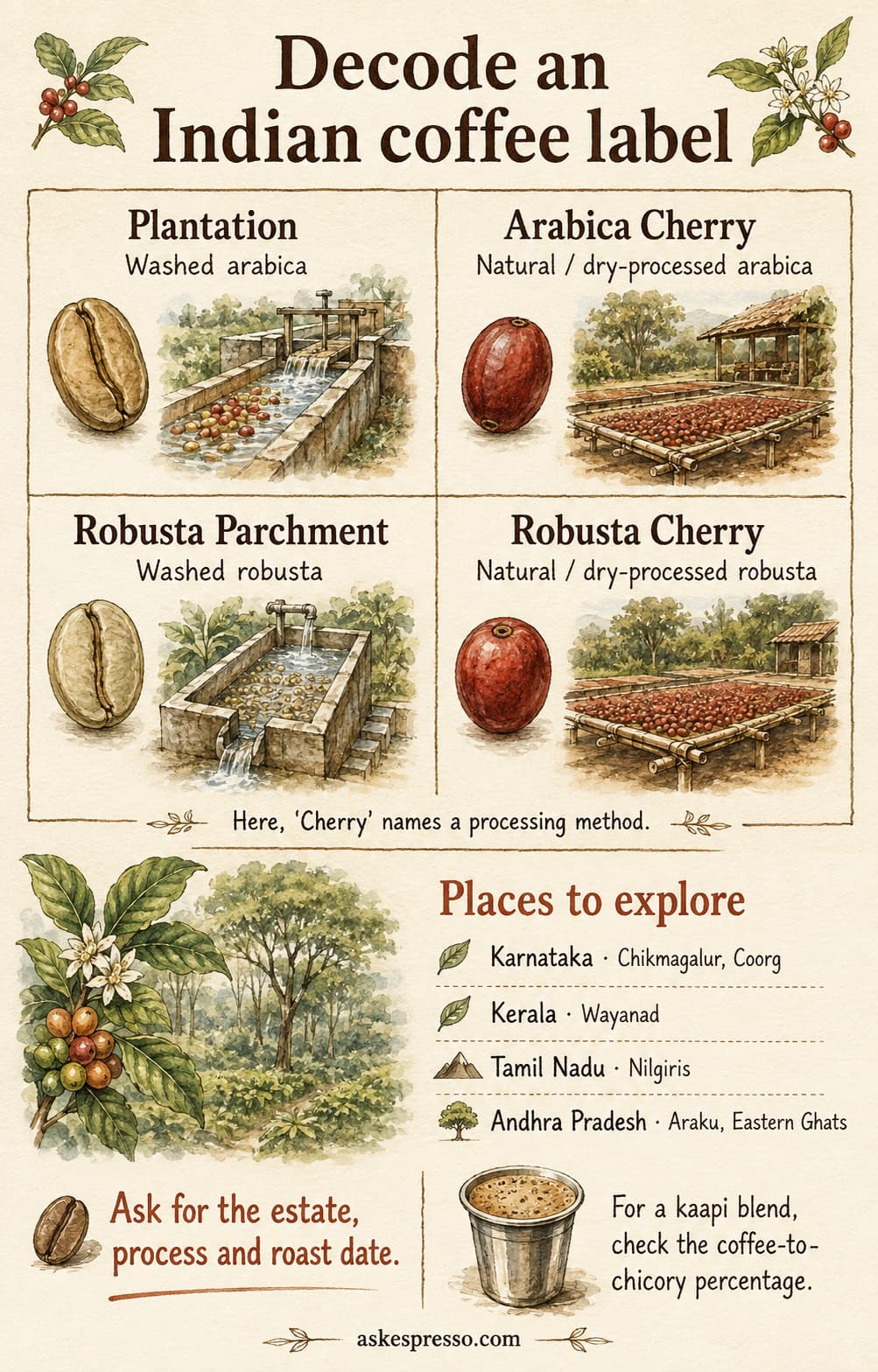 Watercolor Indian coffee label decoder: Plantation means washed arabica; Arabica Cherry means natural arabica; Robusta Parchment means washed robusta; Robusta Cherry means natural robusta. Regional examples include Karnataka, Kerala, Tamil Nadu and Araku in Andhra Pradesh.