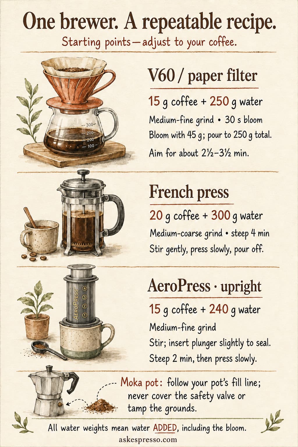 Watercolor starter recipes for V60, French press and upright AeroPress. All weights refer to water added, including the bloom. The AeroPress instructions include sealing with the plunger before a two-minute steep. Moka note keeps water below the safety valve and grounds untamped.