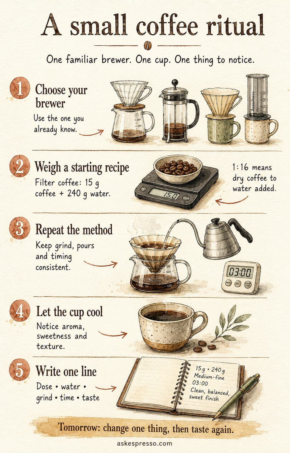 Watercolor guide to a repeatable coffee ritual: choose a brewer, weigh 15 g coffee and 240 g water, repeat the method, taste as it cools, and write one line. Adjust one variable tomorrow.
