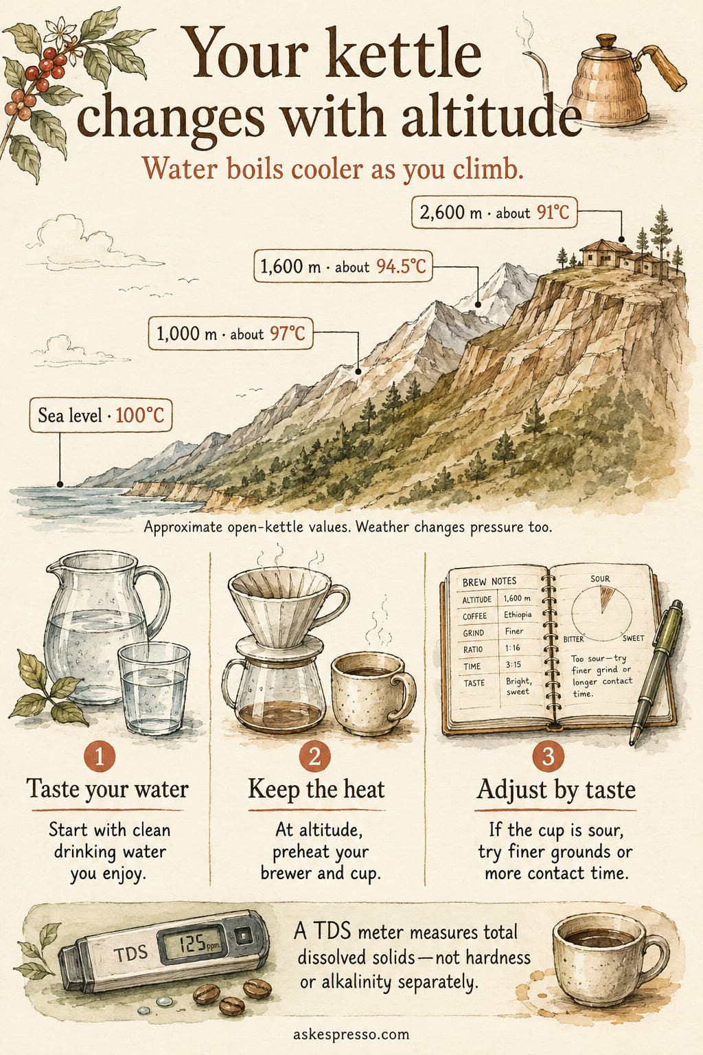 Watercolor altitude guide showing approximate open-kettle boiling temperatures: 100°C at sea level, 97°C at 1,000 m, 94.5°C at 1,600 m and 91°C at 2,600 m. Preheat equipment, taste the water and adjust grind or time; TDS does not separately measure hardness or alkalinity.