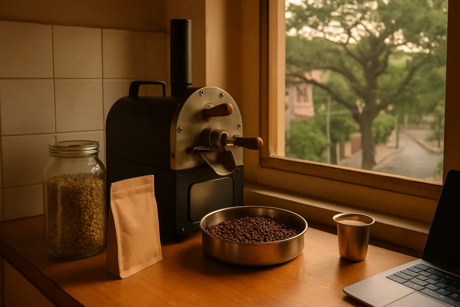 A home coffee roaster on a kitchen counter with Bengaluru outside the window
