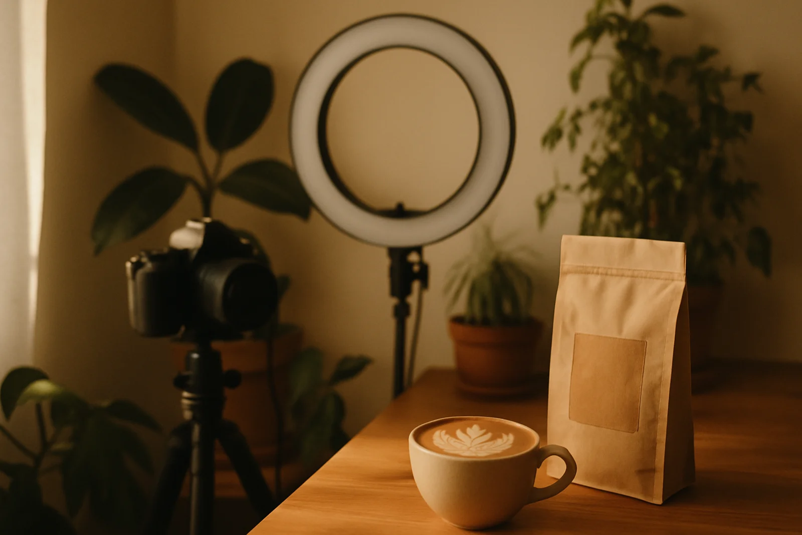 A small creator studio with a latte on a wooden table and a bag of home-roasted beans
