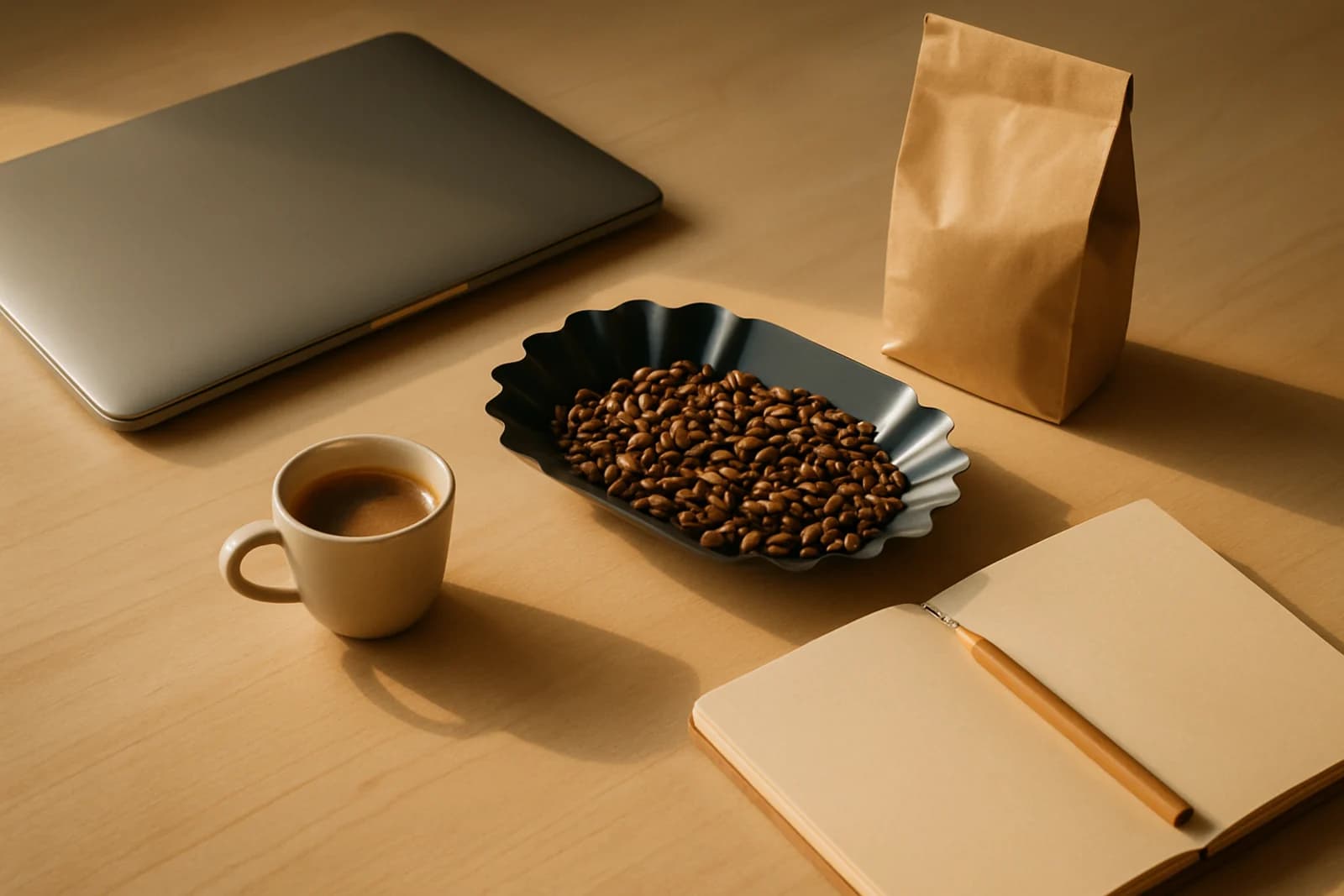 A founder's table at dawn with an espresso, a closed laptop, and a tray of roasted beans