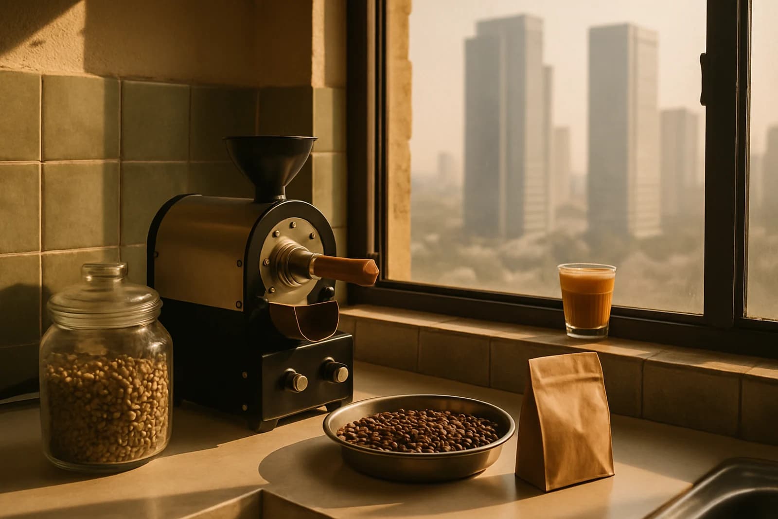 A home coffee roaster on a kitchen counter with Gurgaon outside the window