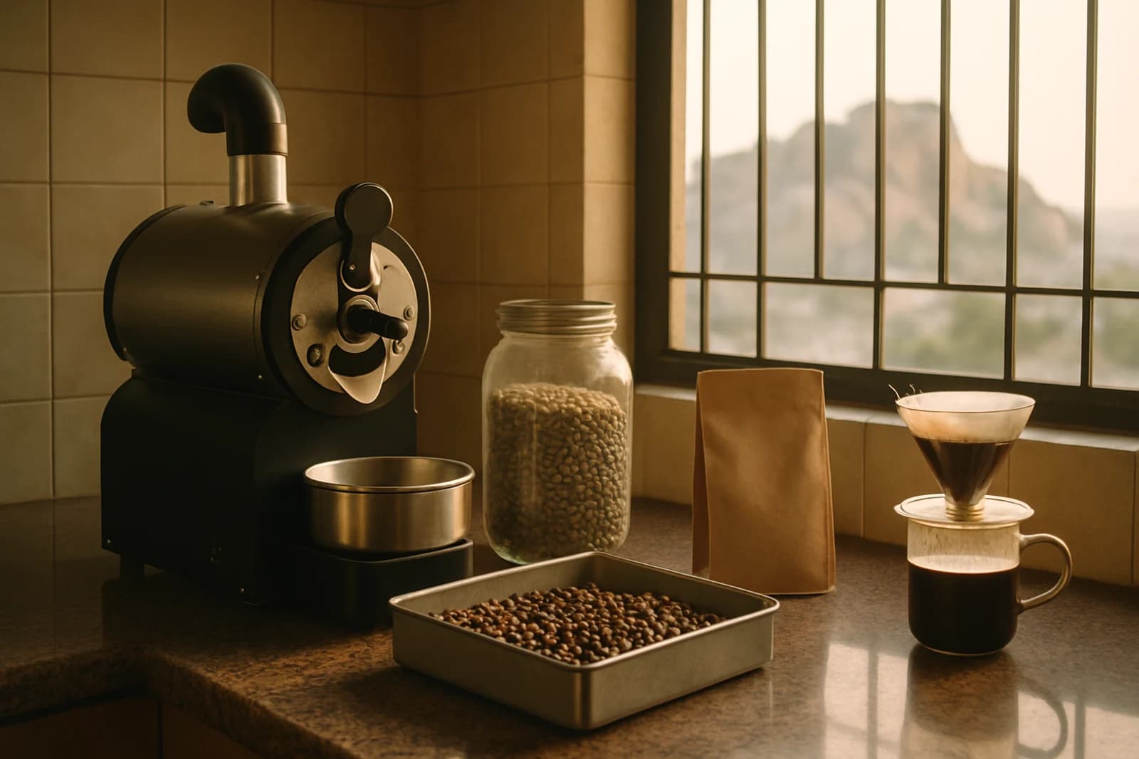 A home coffee roaster on a kitchen counter with Hyderabad outside the window