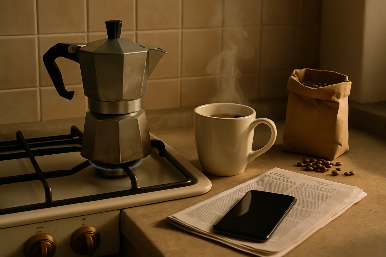 A kitchen counter at dawn with a moka pot, a folded newspaper, and roasted beans
