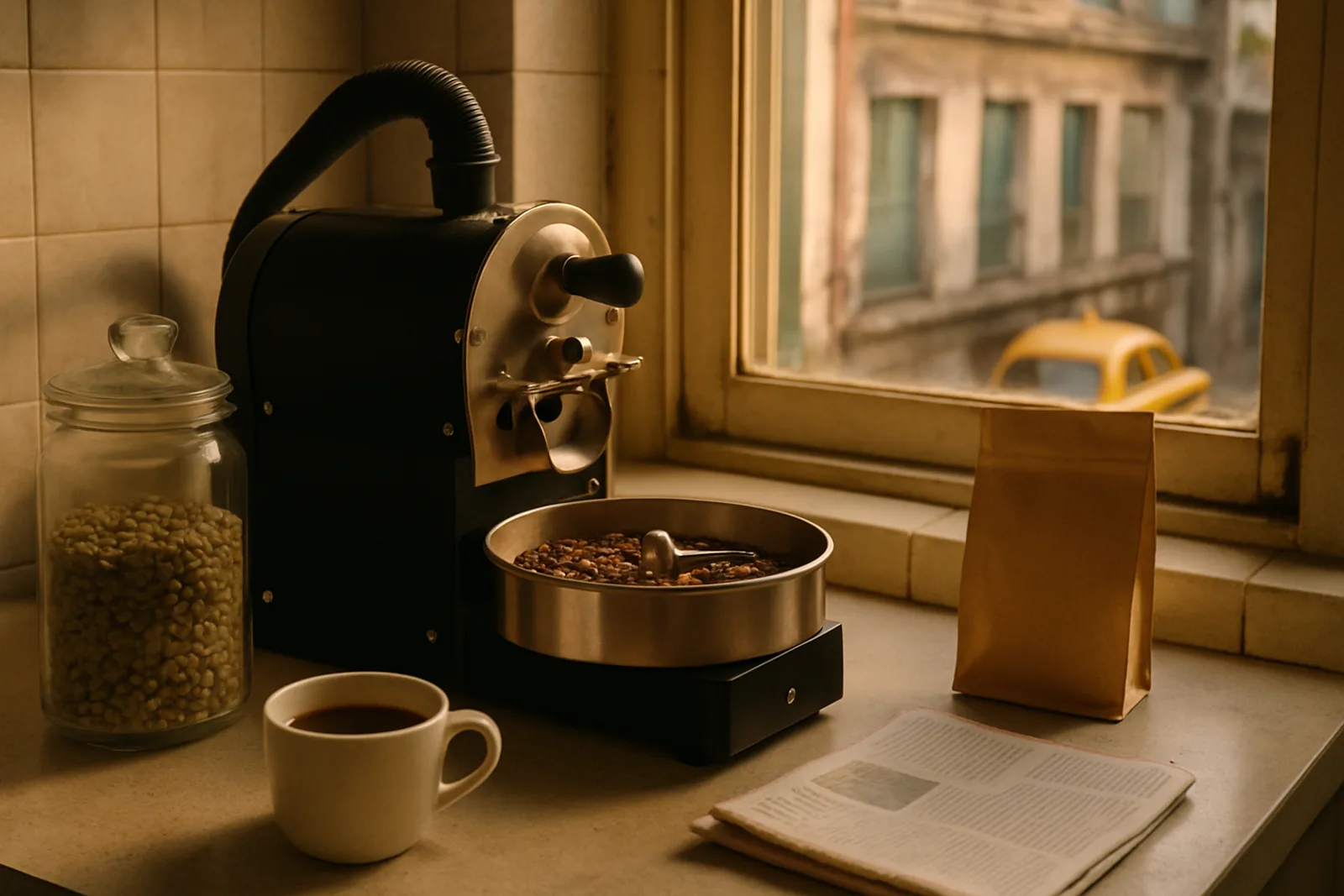 A home coffee roaster on a kitchen counter with Kolkata outside the window