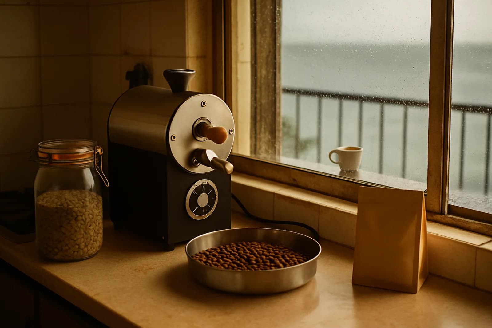 A home coffee roaster on a kitchen counter with Mumbai outside the window