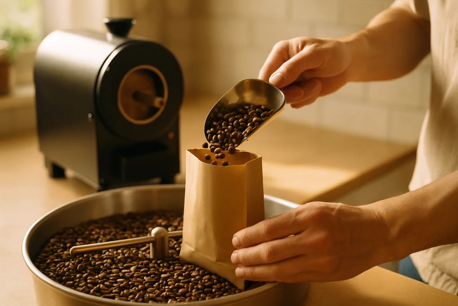 Hands scooping freshly roasted coffee beans into a paper bag