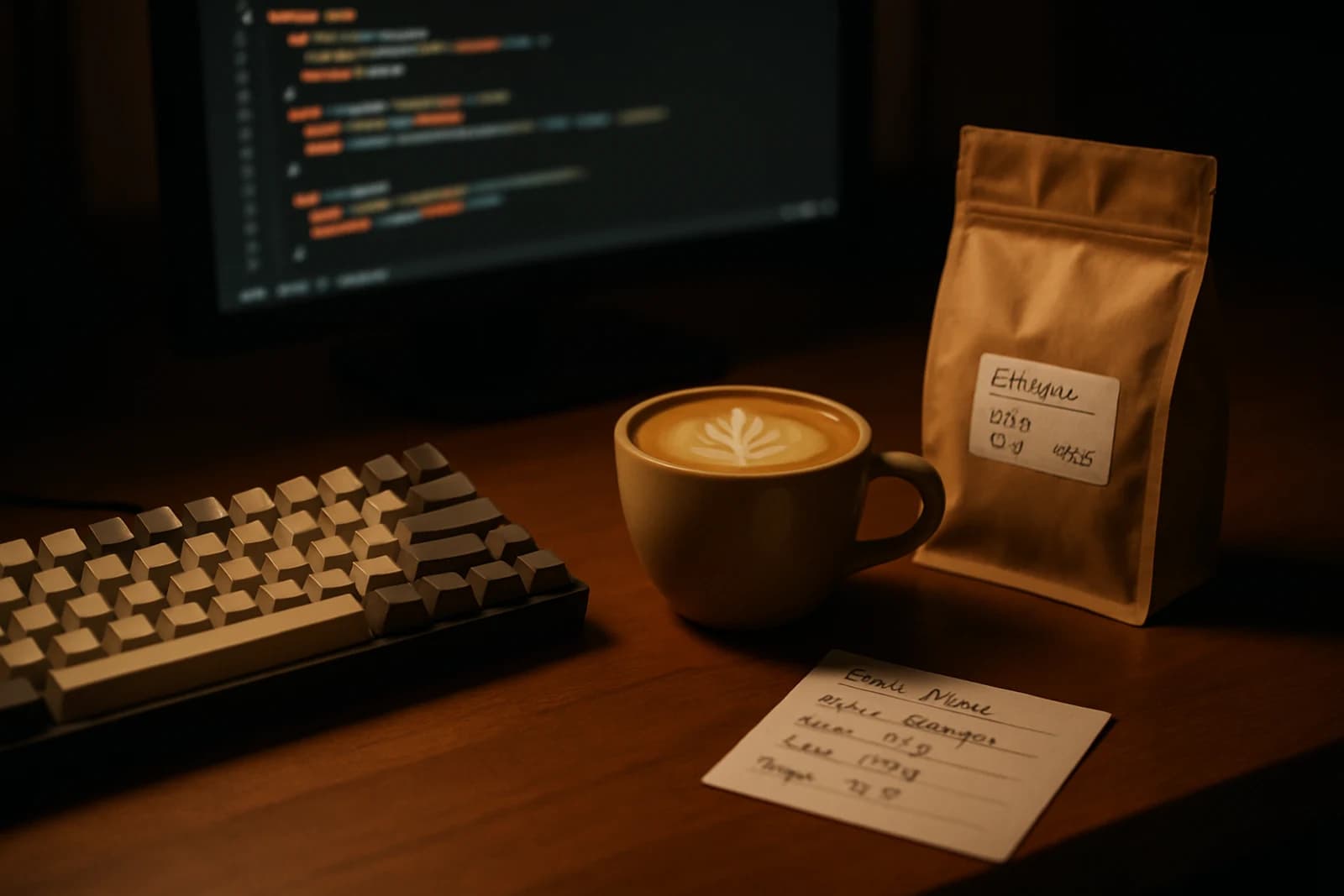 A developer's desk at night with a flat white and a bag of home-roasted beans