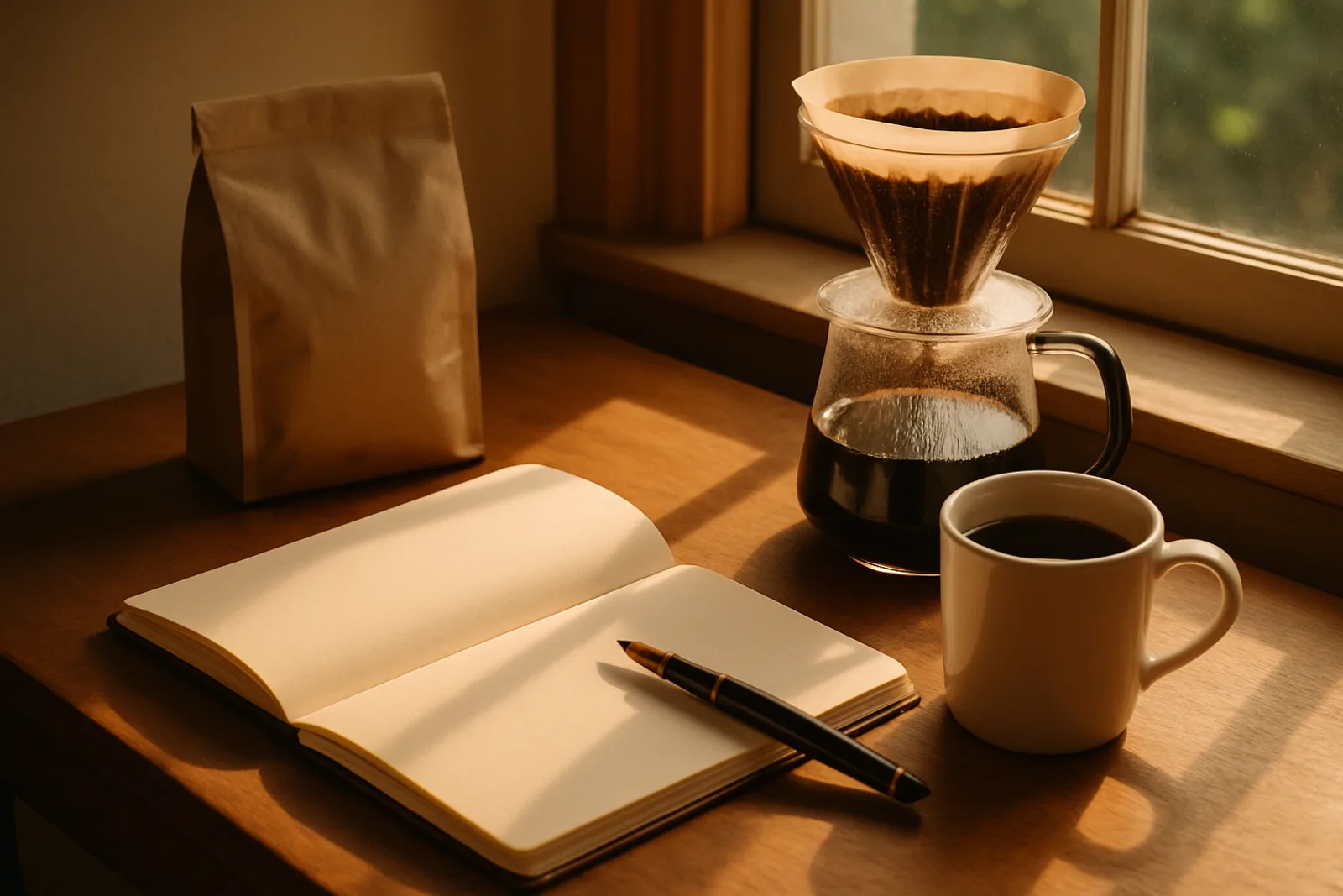 A writer's desk with a fountain pen, an open notebook, a pour-over and a bag of beans