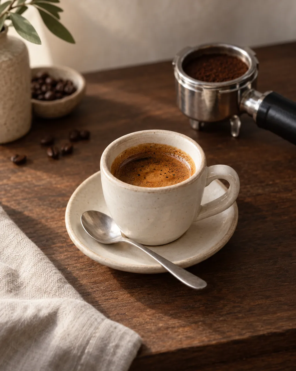 A double espresso with a thick hazel-brown crema in a small cream ceramic cup on a saucer.