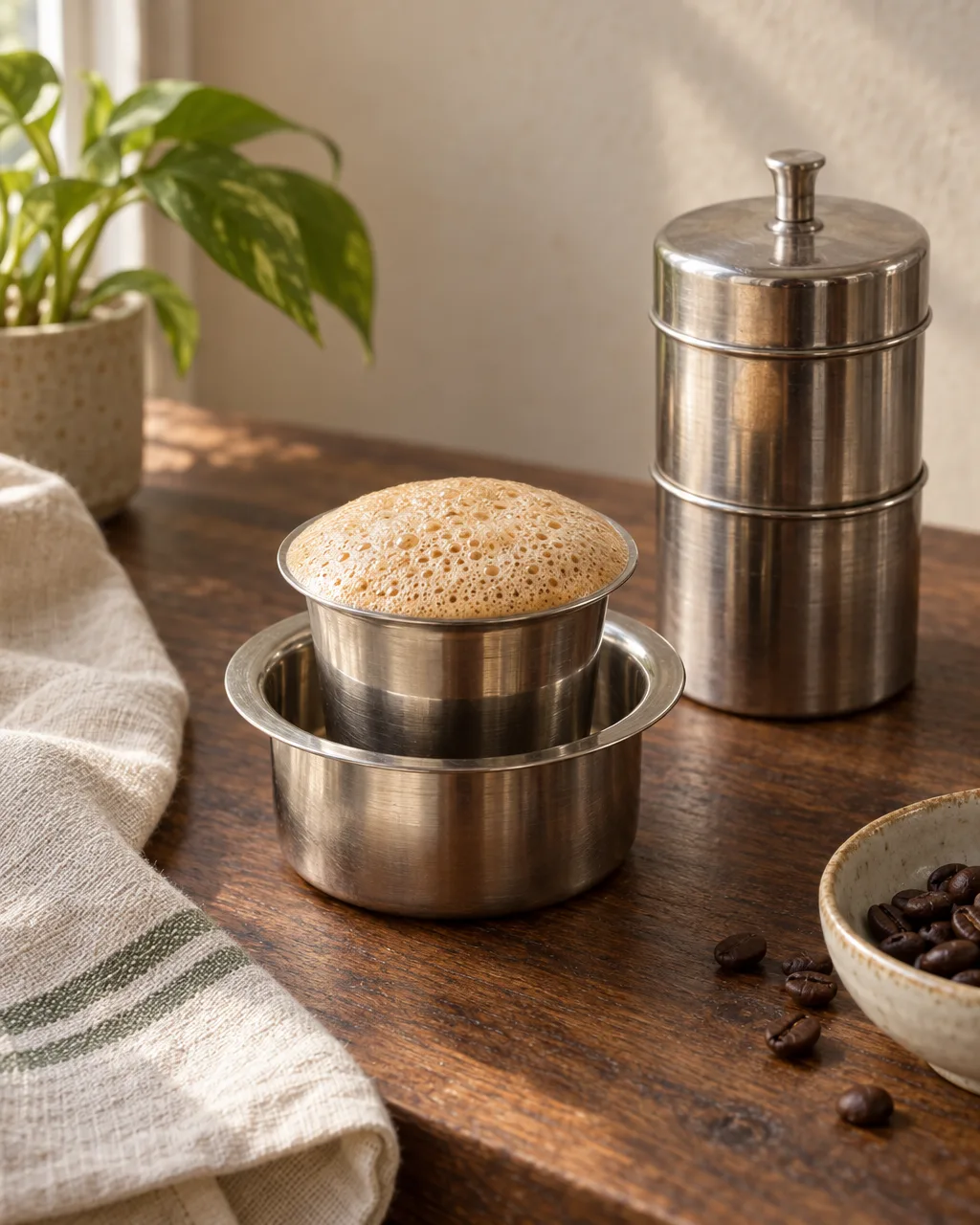 South Indian filter coffee in a steel tumbler set in a steel dabarah, with a steel filter beside it.