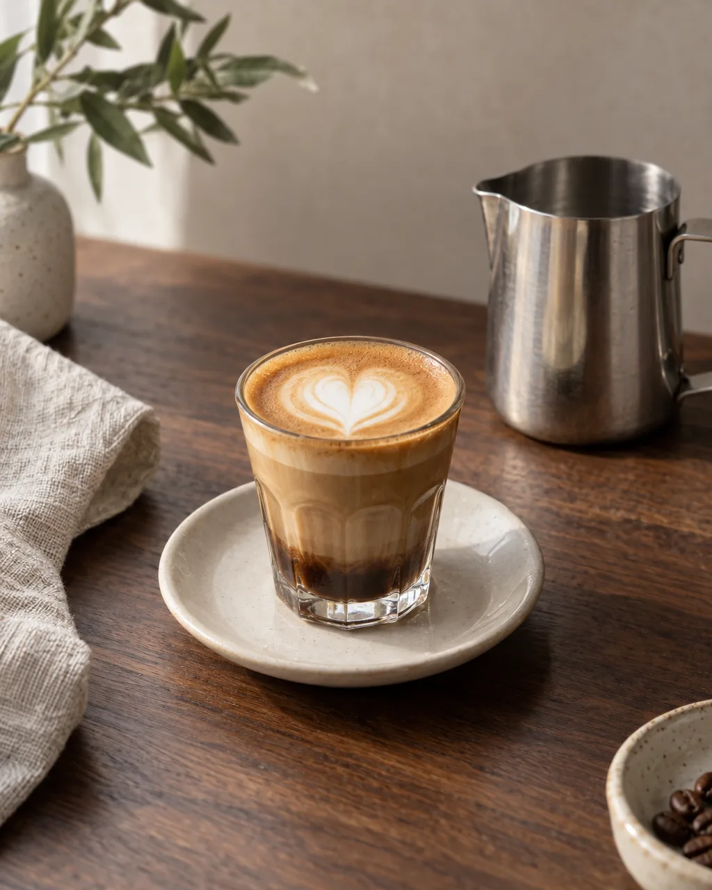 A piccolo latte in a small clear glass, with a small latte-art heart on top.