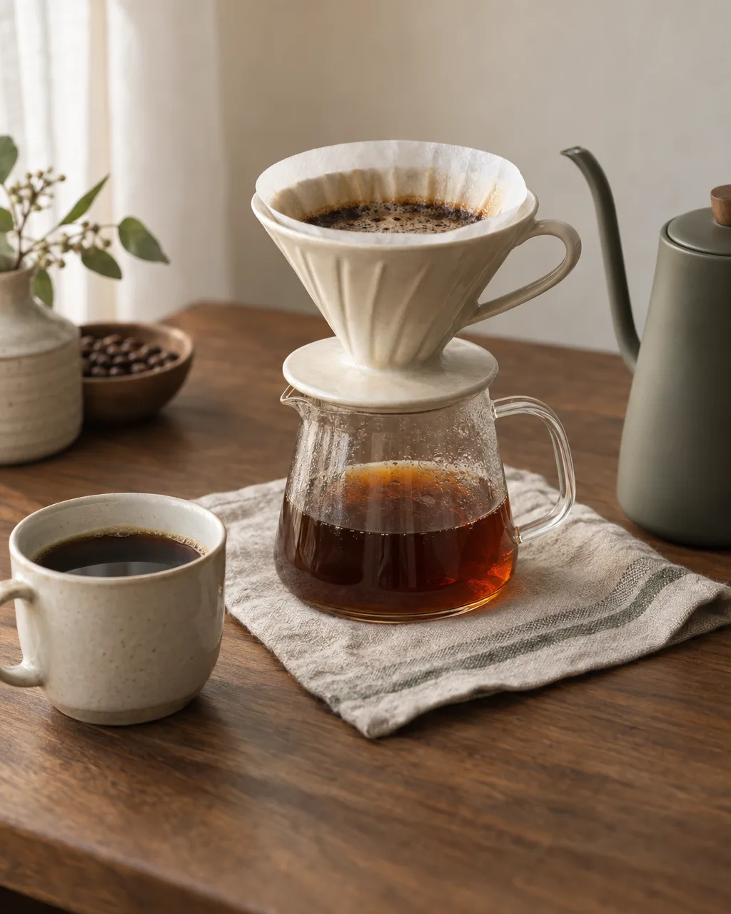 A ceramic V60 dripper on a glass server of amber coffee, beside a cup of black coffee and a gooseneck kettle.